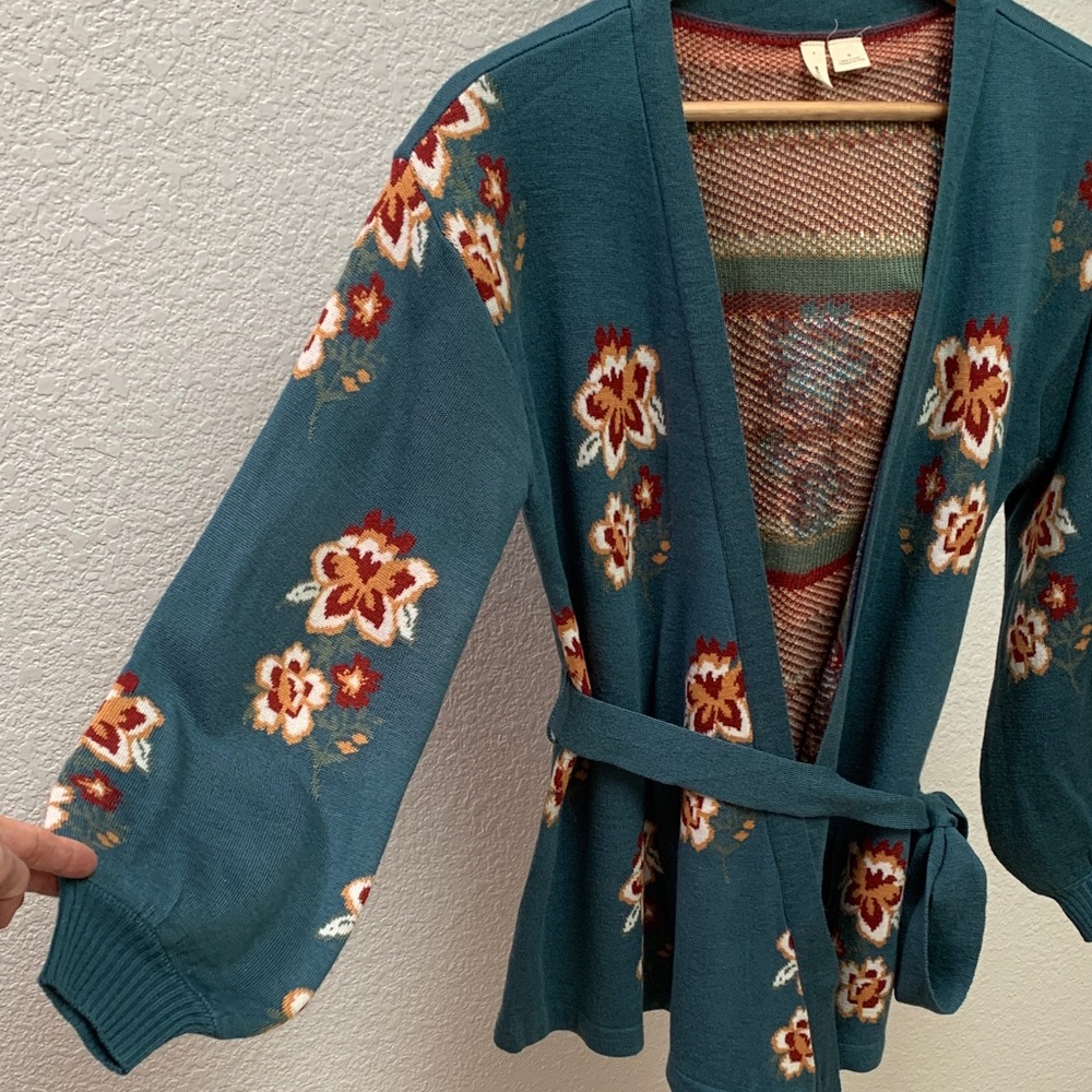 Floral Teal Women's Sweater Cardigan, Moth, Anthropologie